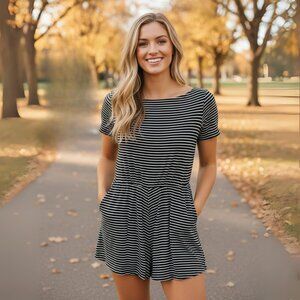 Gab & Kate Navy White Stripe Romper with Cinched Waist, Size Small